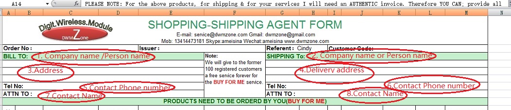 Shopping-Shipping-agent-form-contact-information
